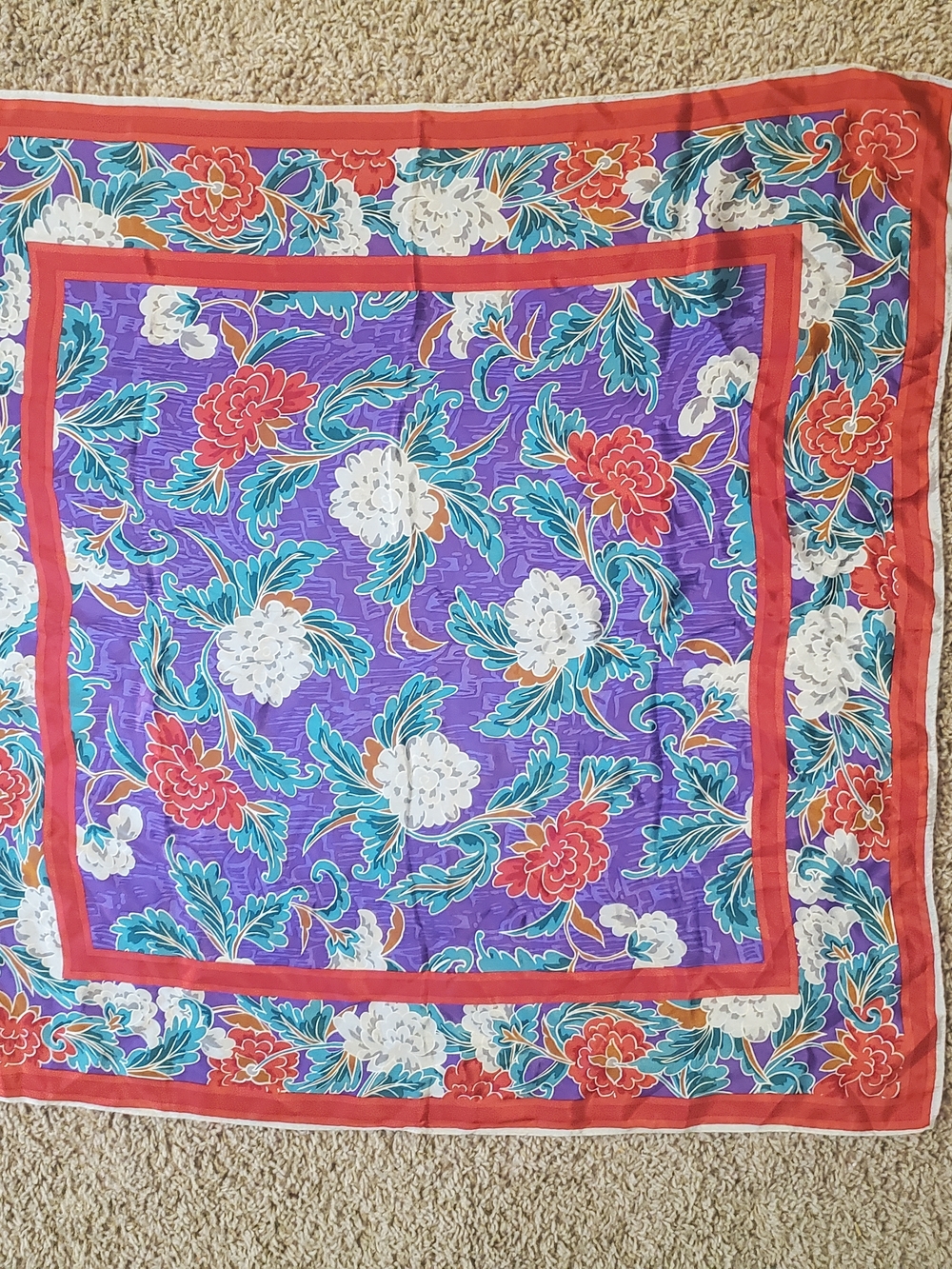 Oscar de la Renta Purple, Red, White & Teal Floral Silk Scarf 29x29 small flaws